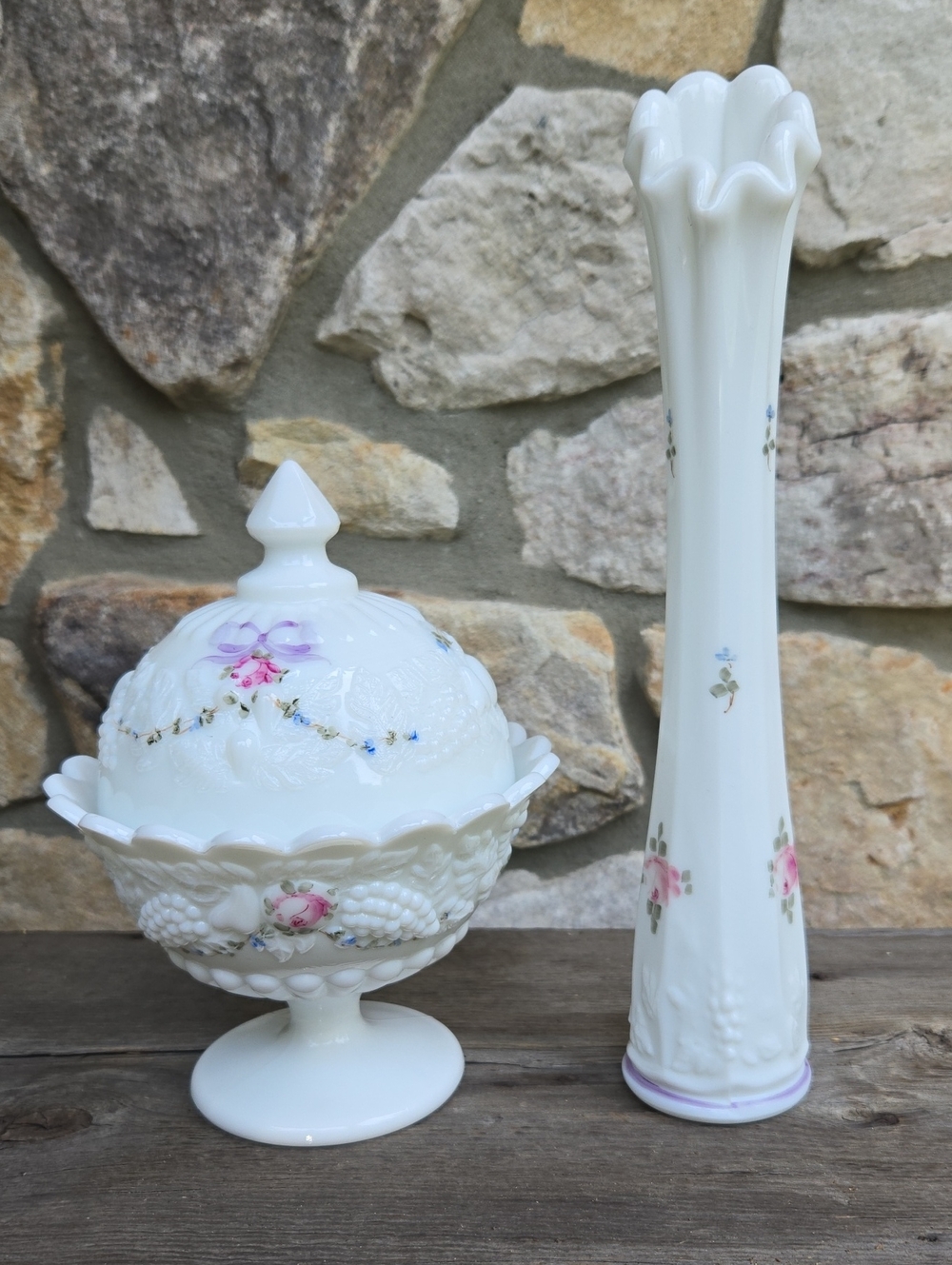 Westmoreland Milk Glass Lided Candy Dish Bud Vase Set Grape Hand Painted Floral